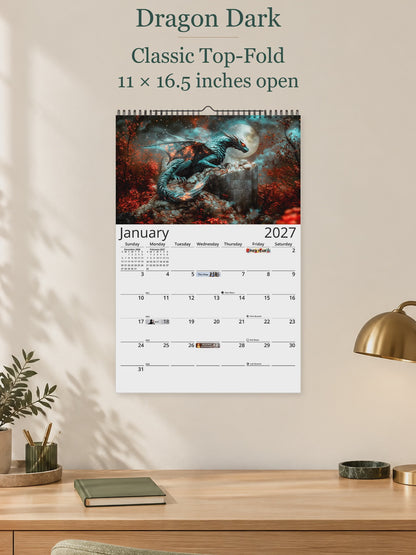 Dragon Dark 2027 wall calendar — size and layout overview