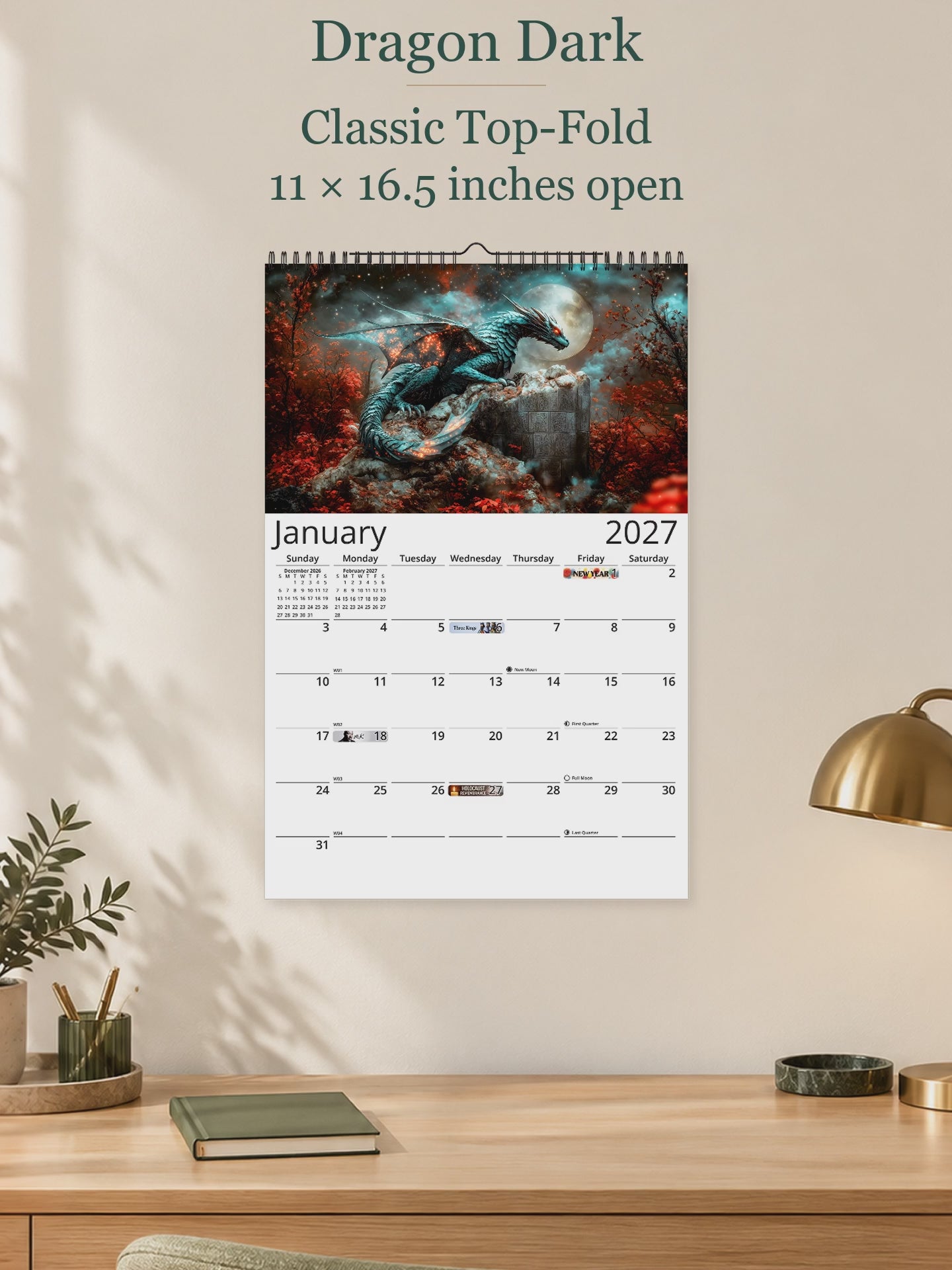 Dragon Dark 2027 wall calendar — size and layout overview