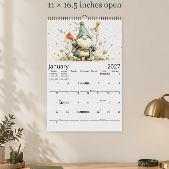 Gnome Holidays 2027 wall calendar — size and layout overview