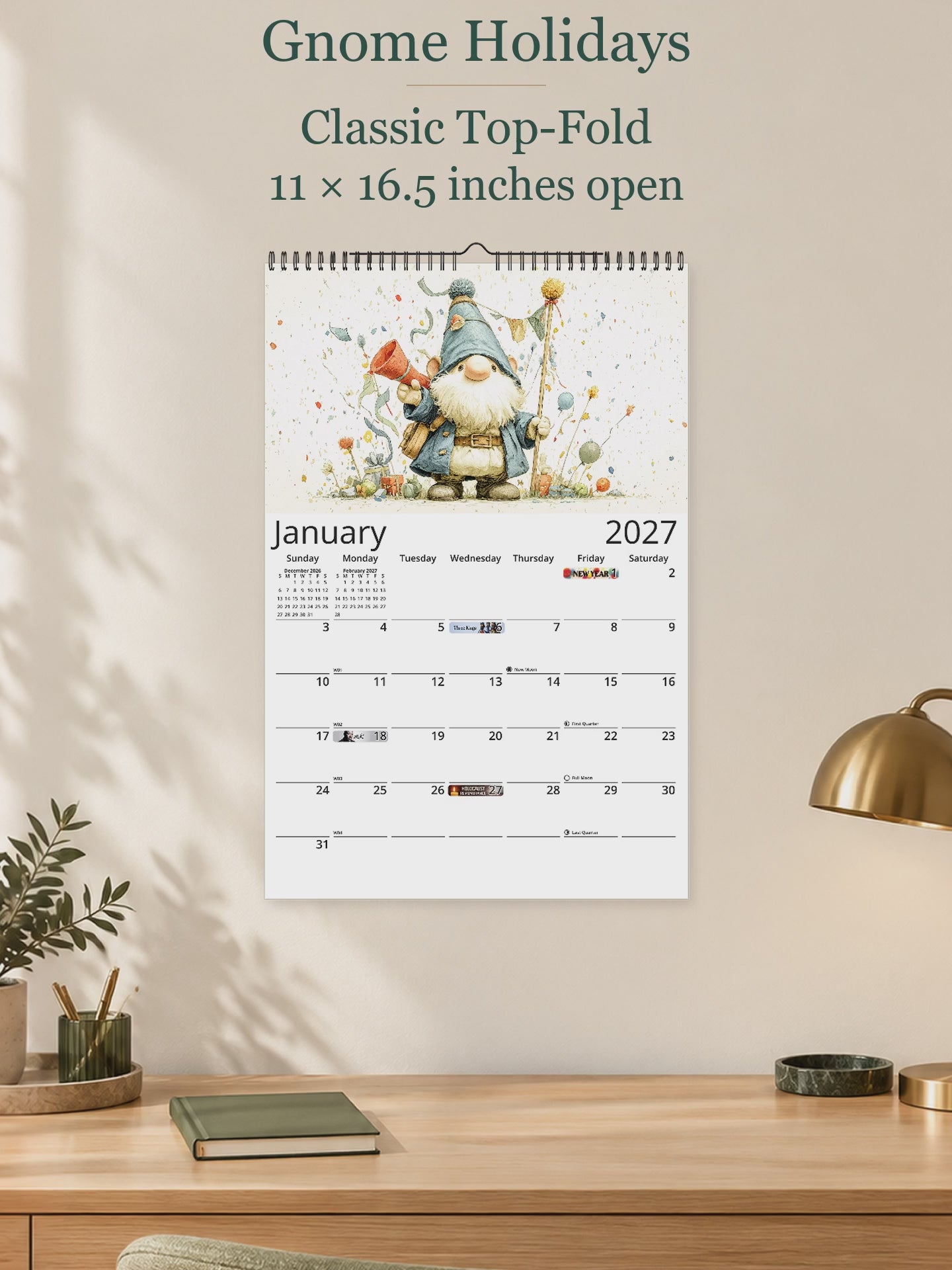 Gnome Holidays 2027 wall calendar — size and layout overview
