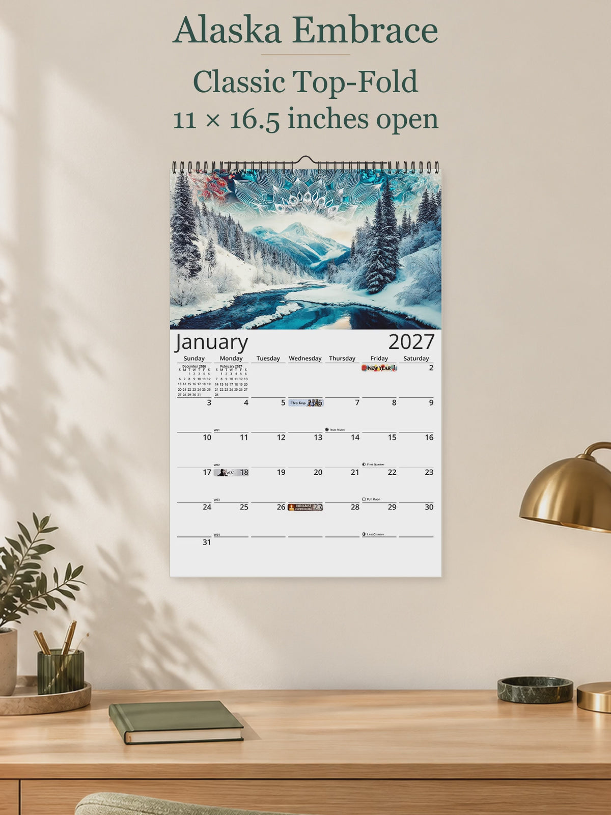Alaska Embrace 2027 wall calendar — size and layout overview