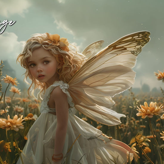 a variety of fairy princess scenes, including a fairy sitting in a field, another fairy in a whimsical town, twin fairies in a mystical forest, and a fairy girl with dark wings overlooking a dreamy landscape with castles