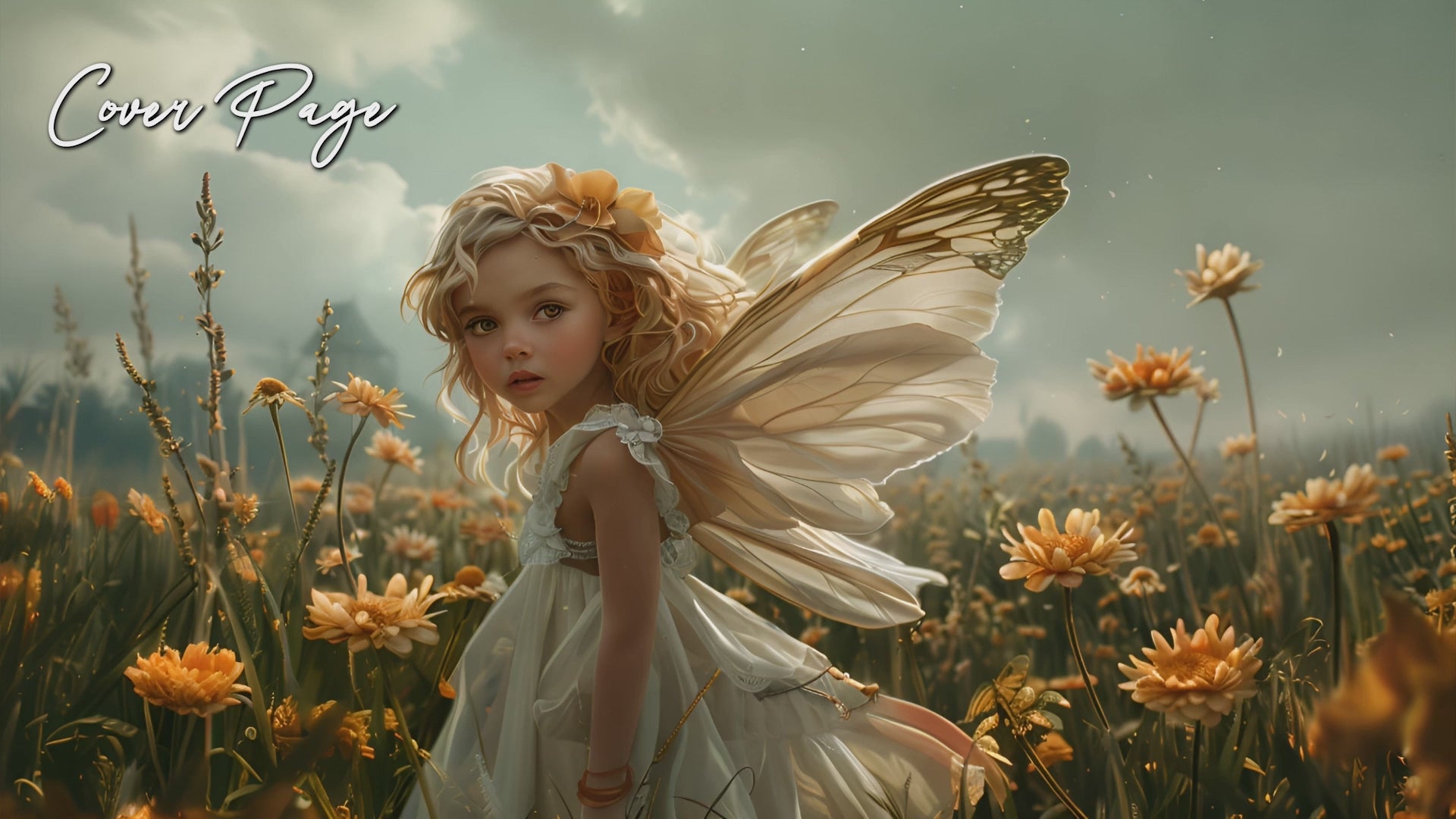 a variety of fairy princess scenes, including a fairy sitting in a field, another fairy in a whimsical town, twin fairies in a mystical forest, and a fairy girl with dark wings overlooking a dreamy landscape with castles