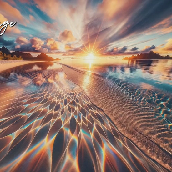 Calendar pages showing various serene and colorful beach scenes at the Sands of Bora Bora, each with unique kaleidoscope water reflections and sunsets