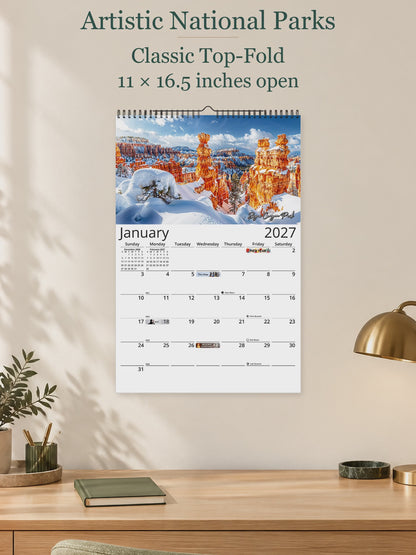 Artistic National Parks 2027 wall calendar — size and layout overview