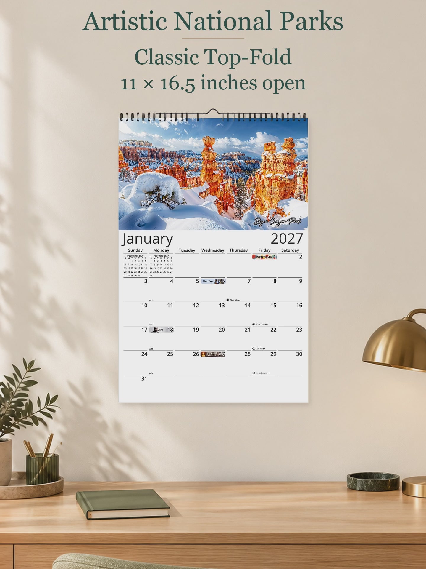 Artistic National Parks 2027 wall calendar — size and layout overview