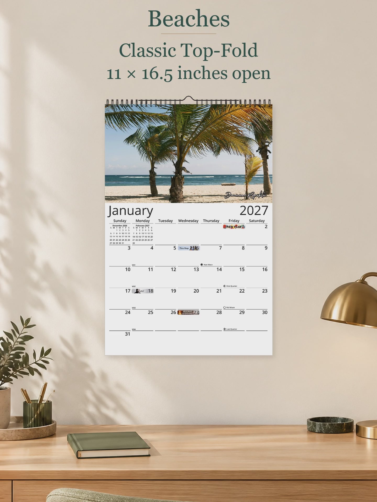 Beaches 2027 wall calendar — size and layout overview