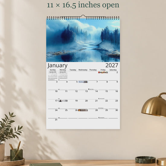Blue Vistas 2027 wall calendar — size and layout overview
