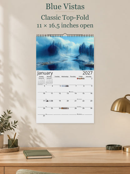 Blue Vistas 2027 wall calendar — size and layout overview