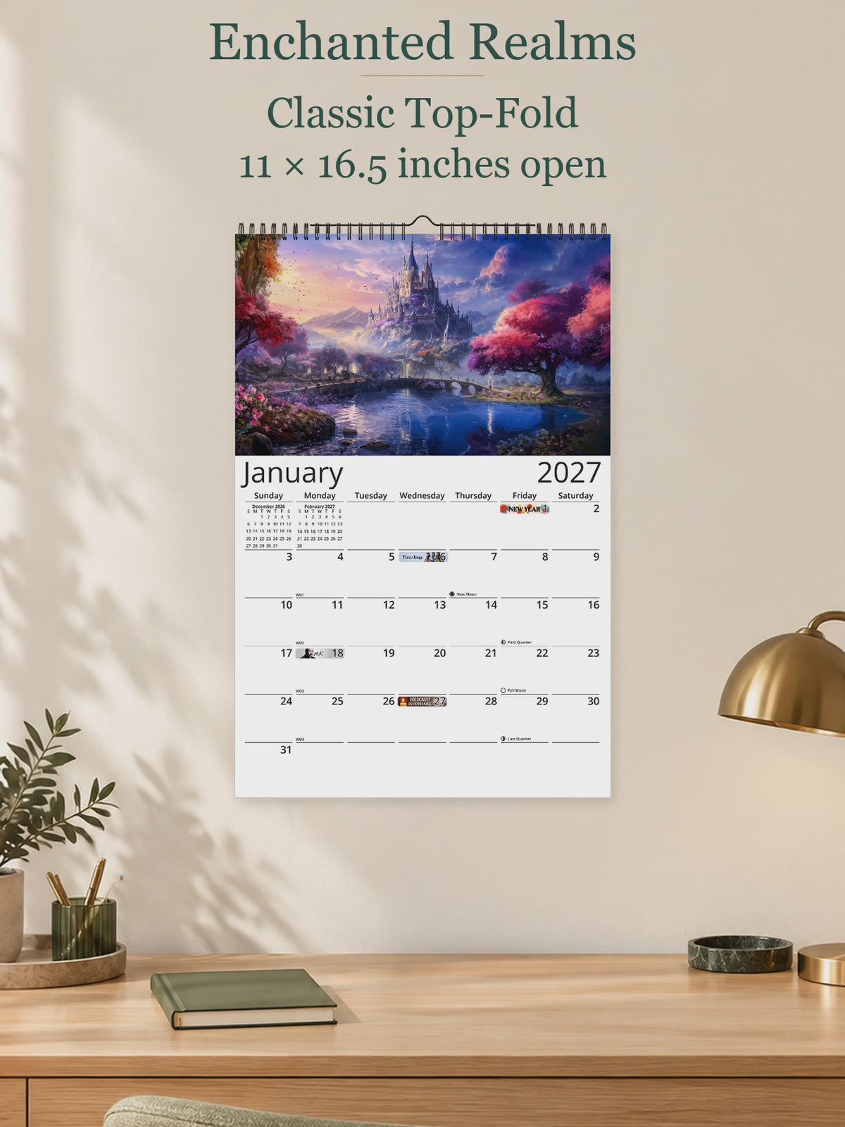 Enchanted Realms 2027 wall calendar — size and layout overview