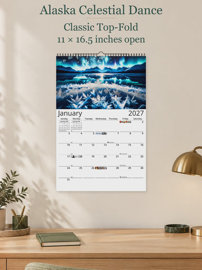Alaska Celestial Dance 2027 wall calendar — size and layout overview