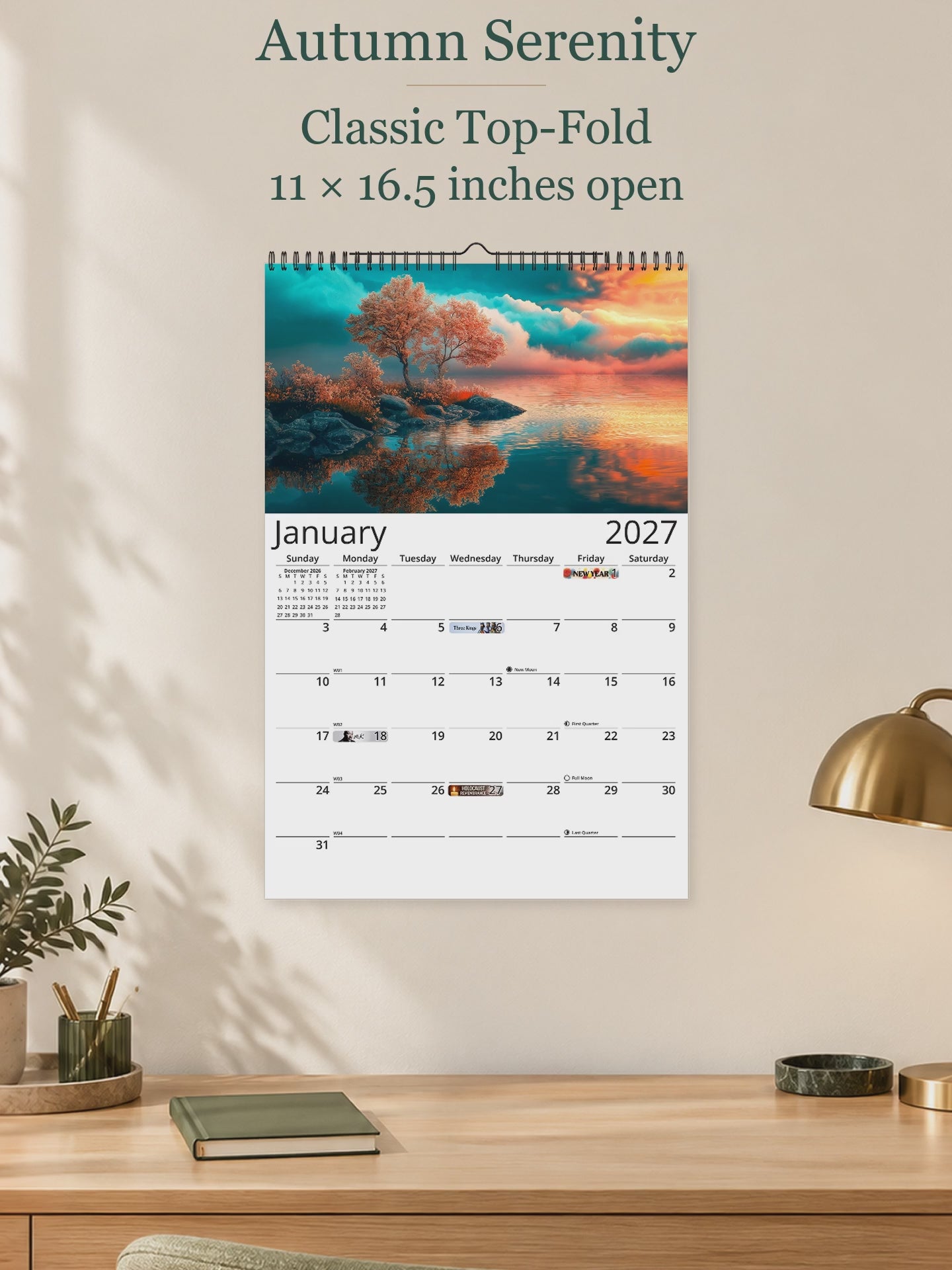 Autumn Serenity 2027 wall calendar — size and layout overview