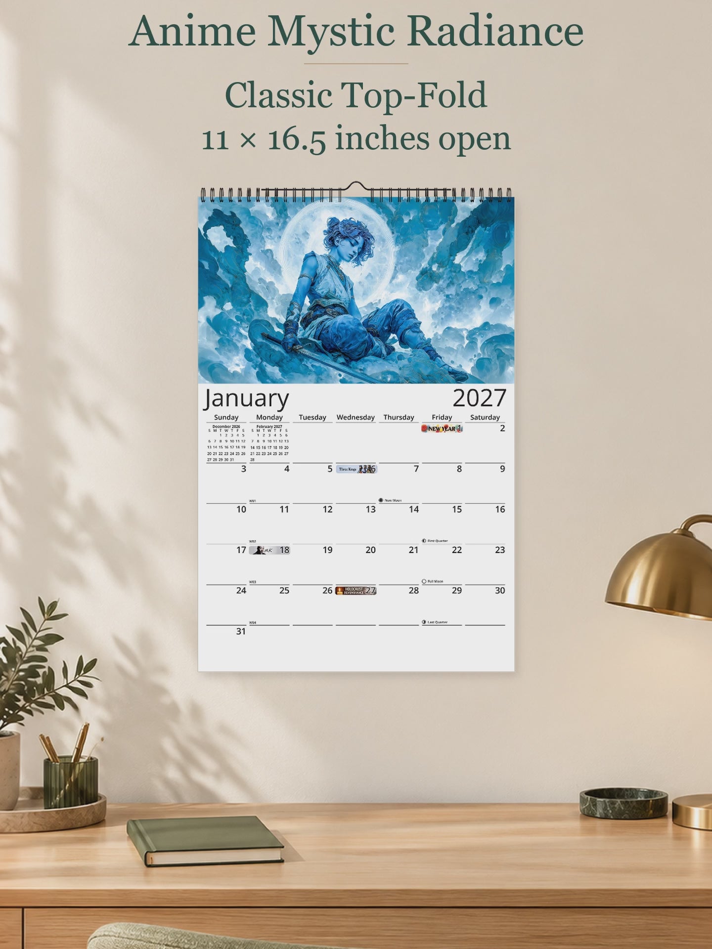 Anime Mystic Radiance 2027 wall calendar — size and layout overview
