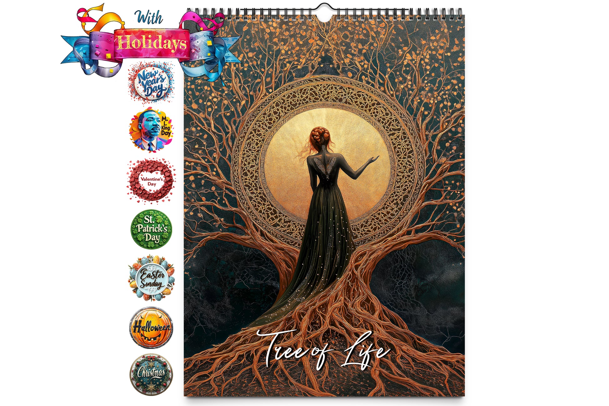 Tree of Life calendar cover featuring a golden circular design with a woman standing amidst glowing roots and intricate branches.