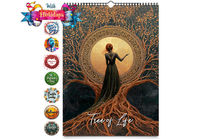 Tree of Life calendar cover featuring a golden circular design with a woman standing amidst glowing roots and intricate branches.