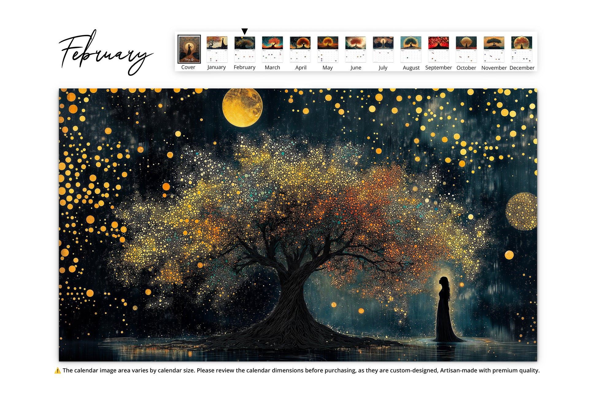 February:
A golden moonlit sky highlighting a shimmering tree, with a woman gazing at its radiant branches.