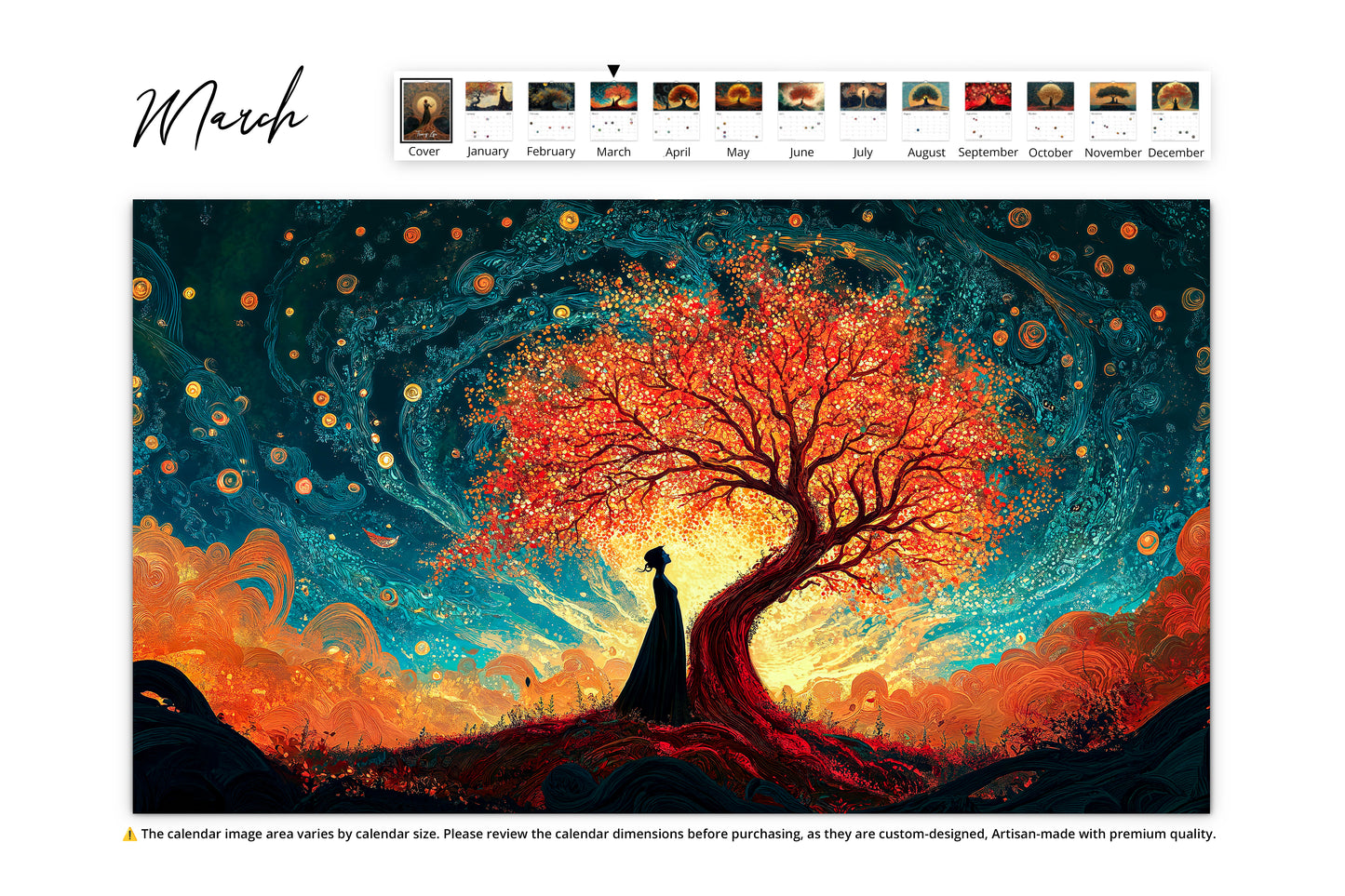 March:
A fiery red and orange tree illuminated against a swirling galaxy-inspired background of deep blues and golds.