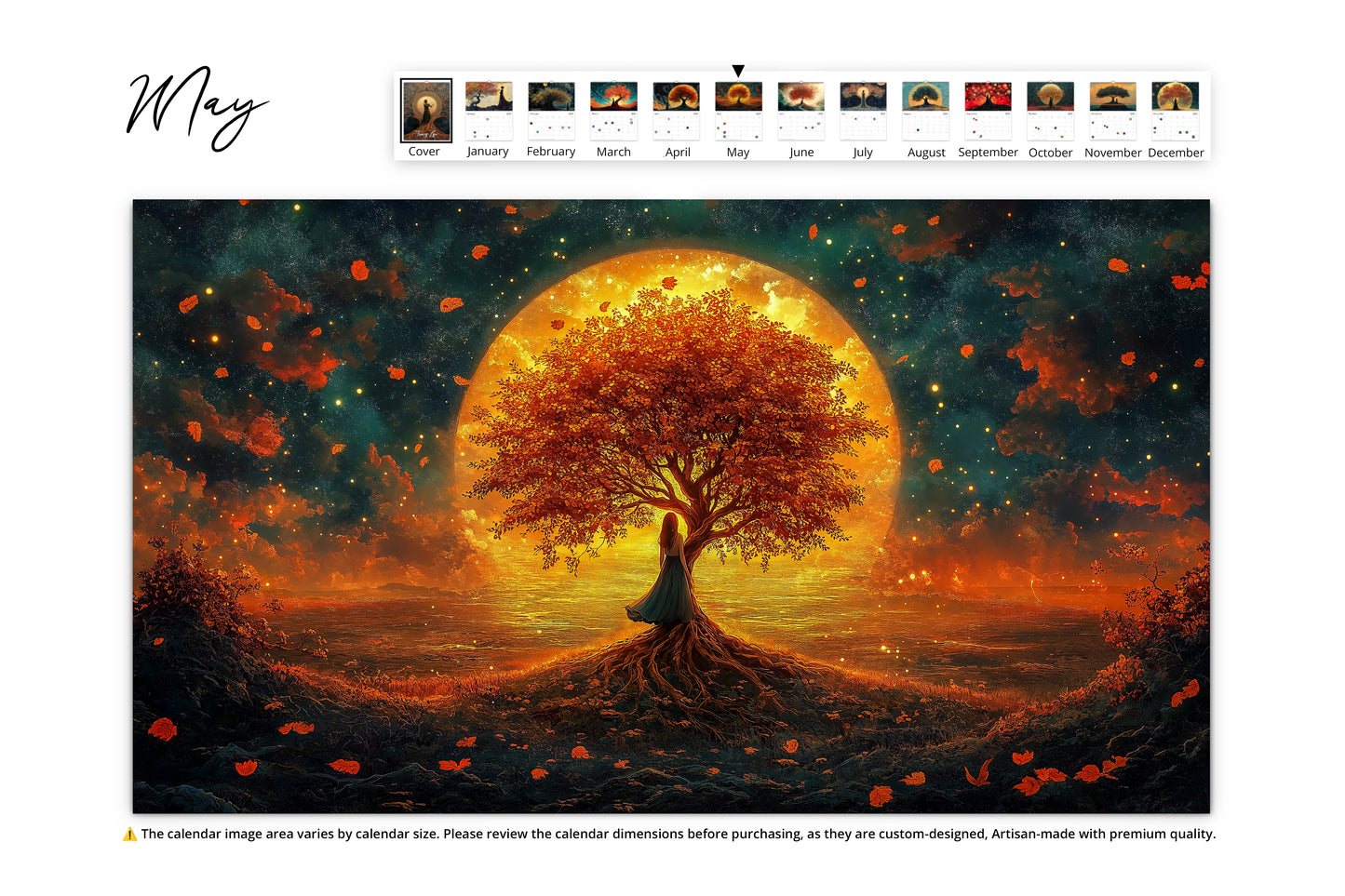 May:
A majestic tree glowing under a vibrant celestial sky with hues of orange, gold, and cosmic light.