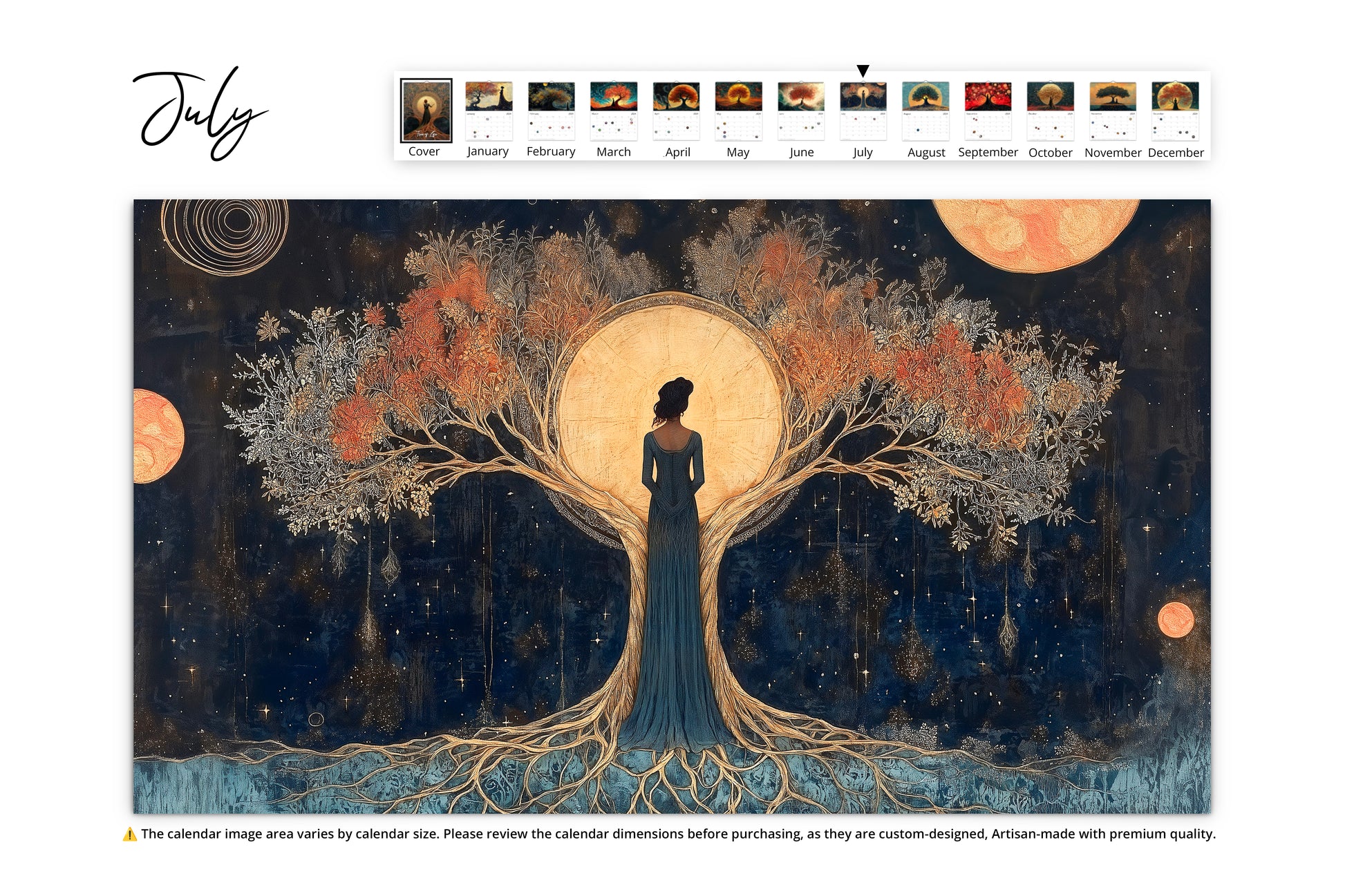 July:
A woman standing under a celestial tree with glowing golden branches and cosmic elements in the night sky.