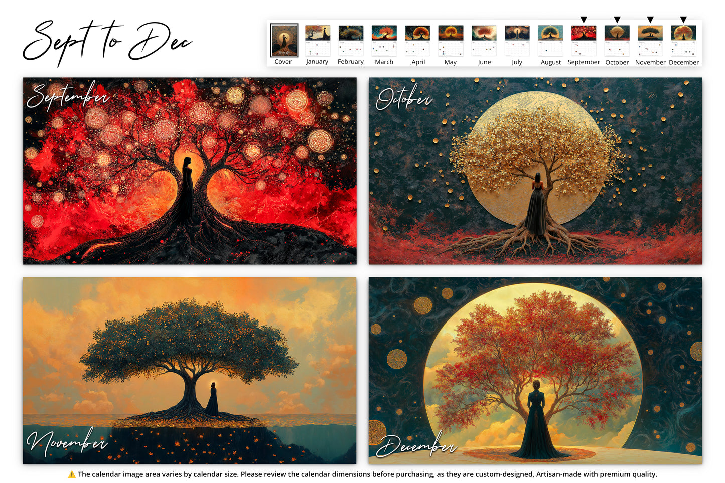 September to December:
A collection of four seasonal images: a fiery red tree against a glowing sky, a golden tree under a starlit sky, a glowing autumnal tree, and a golden-hued tree with vibrant surroundings.